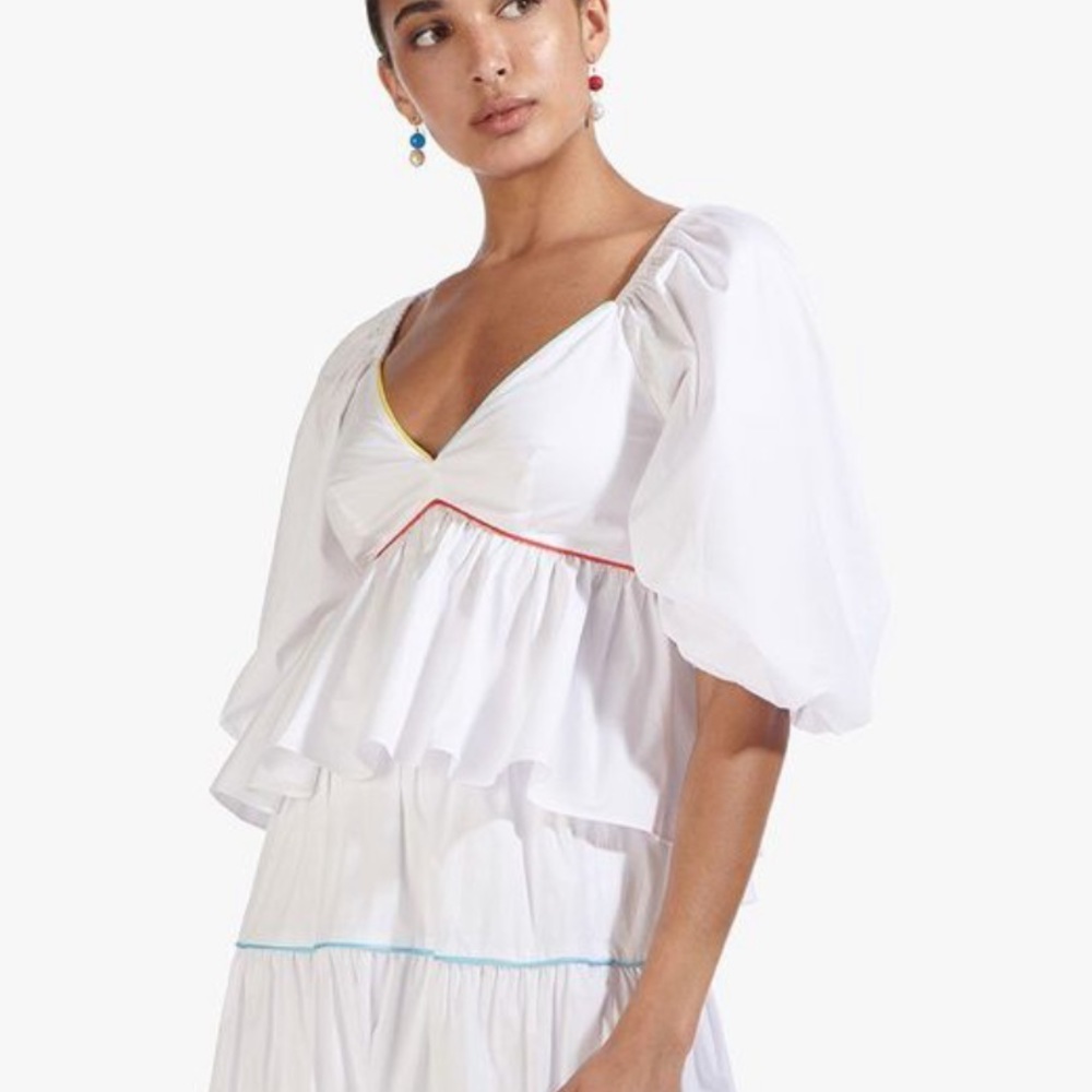 STAUD White Puff-Sleeve Peplum Top with Multicolor Trim